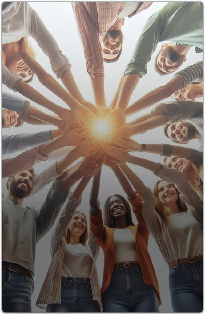 Foto tomada desde abajo donde se ven a muchas personas juntas colocando sus manos una alrededor de otra en forma de circulo, de amistad.